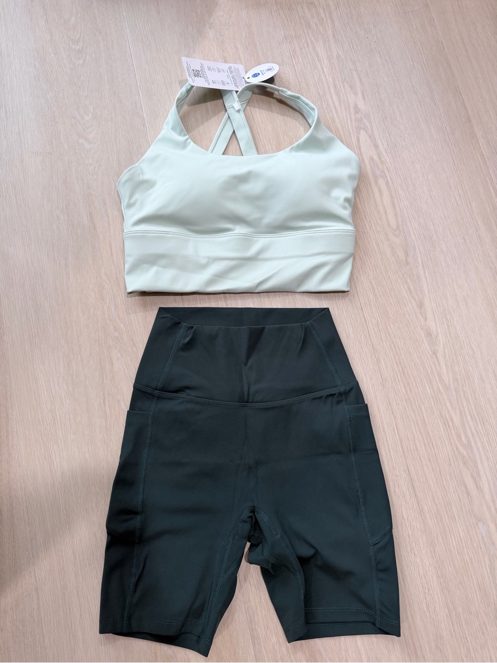 High-Rise Black Biker Shorts with Mint Green Cropped Sports Bra